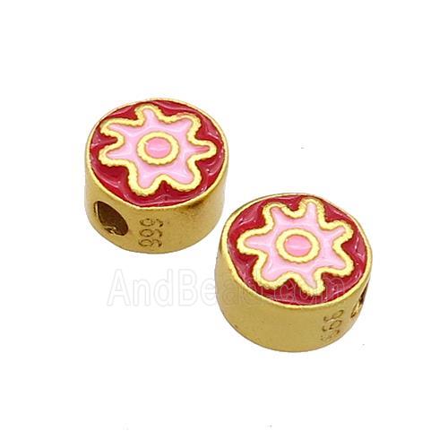 Copper Coin Beads Red Pink Enamel 18K Gold Plated