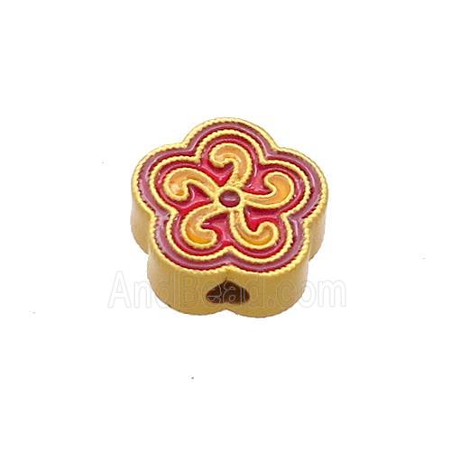 Copper Flower Beads Red Yellow Cloisonne 18K Gold Plated