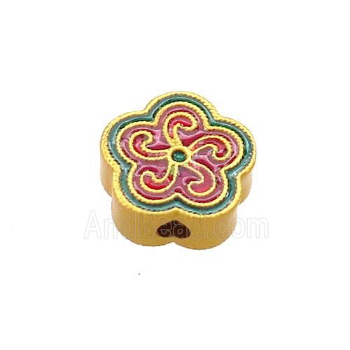Copper Flower Beads Red Green Cloisonne 18K Gold Plated