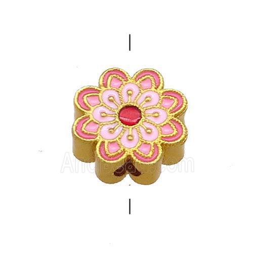 Copper Flower Beads Pink Cloisonne 18K Gold Plated