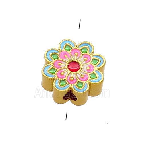 Copper Flower Beads Green Pink Cloisonne 18K Gold Plated