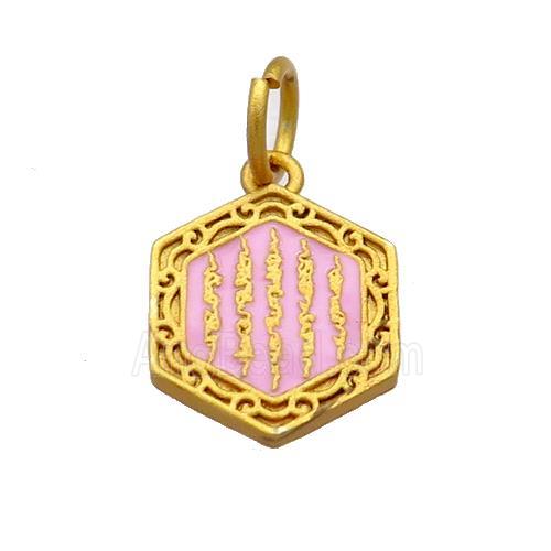 Copper Hexagon Pendant Pink Cloisonne Buddhist 18K Gold Plated