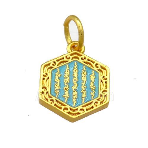 Copper Hexagon Pendant Teal Cloisonne Buddhist 18K Gold Plated