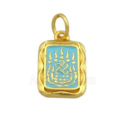 Copper Rectangle Pendant Teal Cloisonne Buddhist 18K Gold Plated