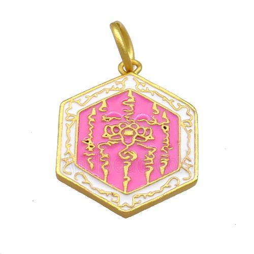 Copper Hexagon Pendant Hotpink Cloisonne Buddhist 18K Gold Plated