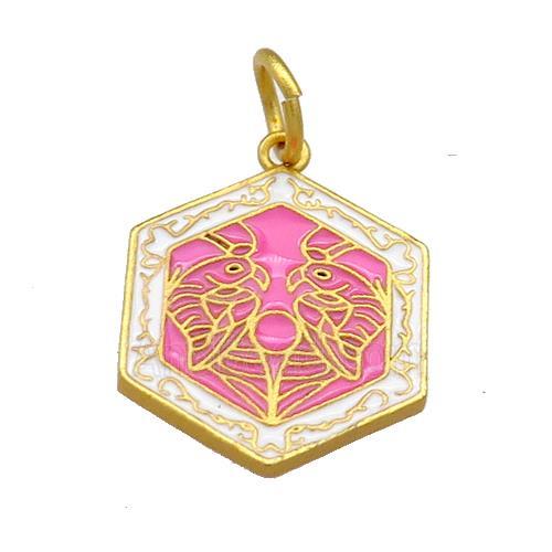 Copper Hexagon Pendant Hotpink Cloisonne Buddhist 18K Gold Plated