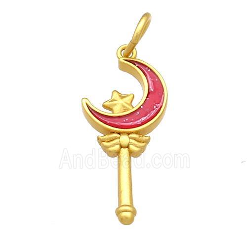 Copper Pendant Star Moon Wand Red Cloisonne 18K Gold Plated