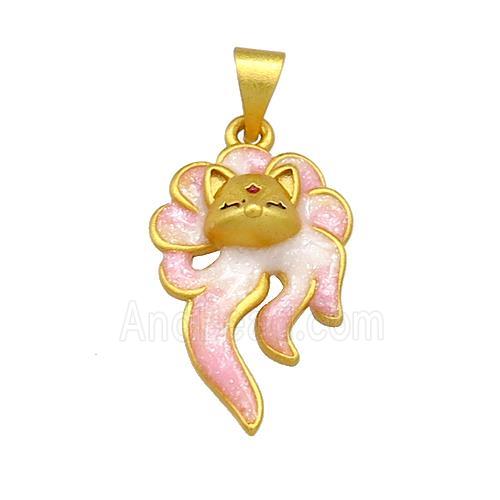 Copper Fox Charms Pendant Pink Cloisoone 18K Gold Plated
