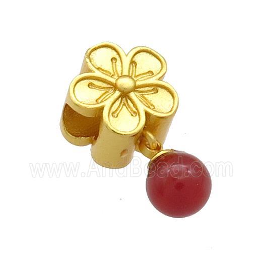 Copper Flower Beads With Green Red Jade 18K Gold Plated