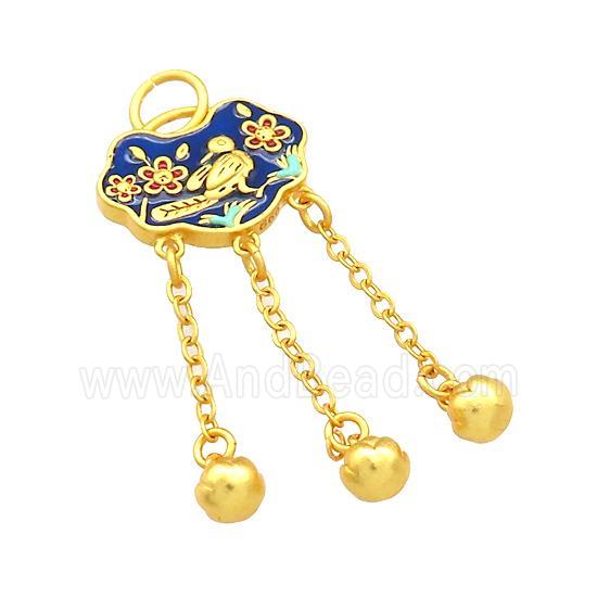 Copper Talisman Pendant Flower Bird Blue Cloisonne 18K Gold Plated