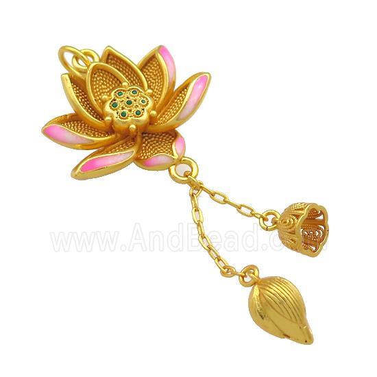 Copper Lotus Flower Pendant Pink Cloisonne Unfade 18K Gold Plated