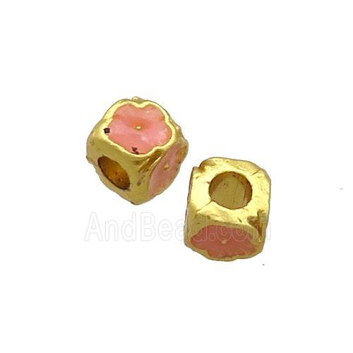 Copper Cube Beads Pink Enamel Large Hole Gold Plated