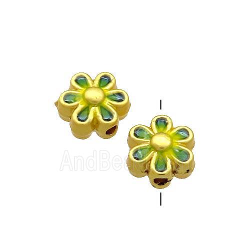 Copper Flower Beads Green Painted Gold Plated