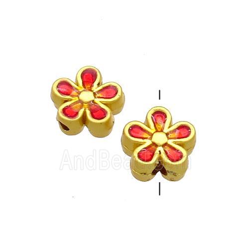 Copper Flower Beads Red Painted Gold Plated