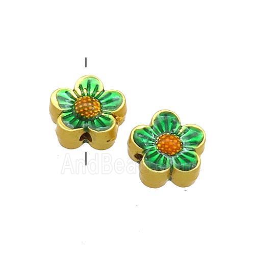 Copper Flower Beads Green Painted Gold Plated