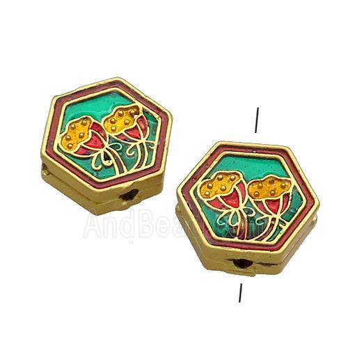 Copper Hexagon Beads Multicolor Painted Flower Gold Plated