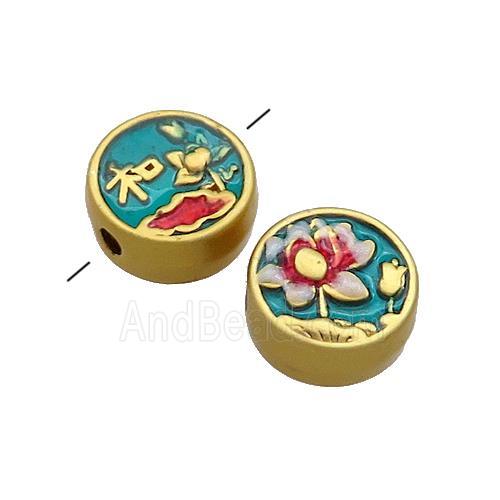 Copper Coin Beads Multicolor Painted Flower Gold Plated