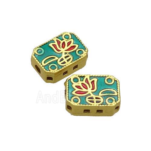 Copper Rectangle Beads Flower Green Painted Gold Plated