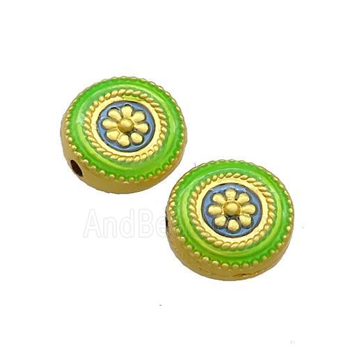 Copper Coin Beads Flower Green Painted Gold Plated