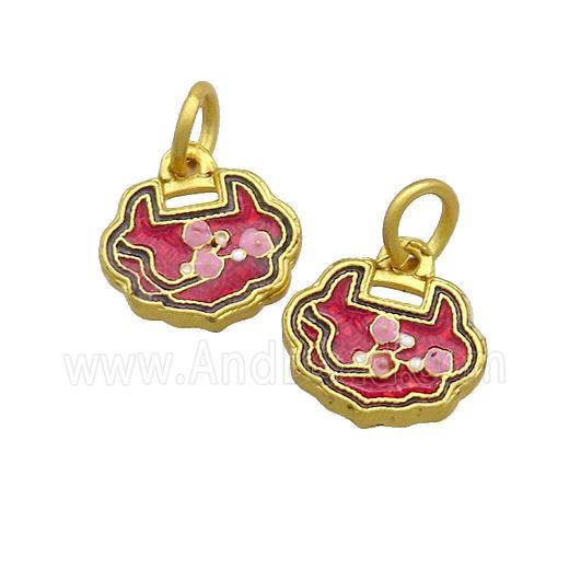 Copper Talisman Pendant Flower Red Painted Gold Plated