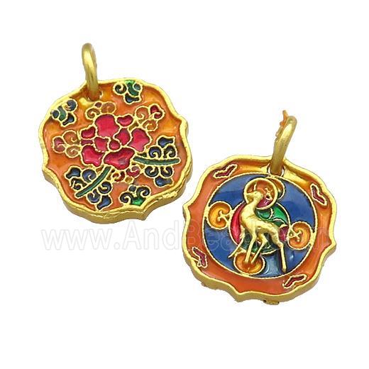 Copper Circle Pendant Multicolor Painted Deer Gold Plated