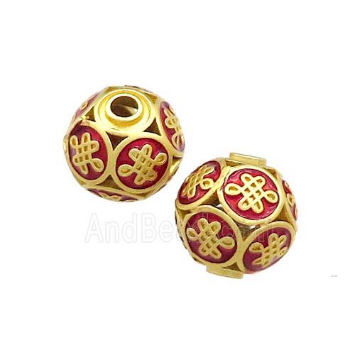 Copper Round Beads Red Painted Knot Gold Plated