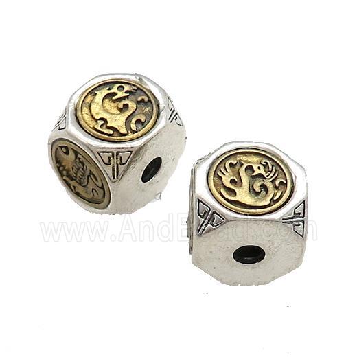 Tibetan Style Chinese Four Mythical Beasts Copper Cube Large Hole Antique Silver Bronze
