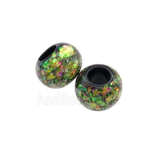 Black Resin Rondelle Beads Pave Green Fire Opal Large Hole Smooth