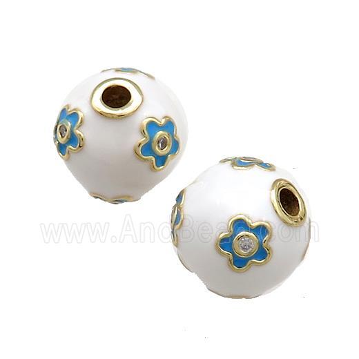 Copper Round Beads Pave Zircon White Enamel 18K Gold Plated