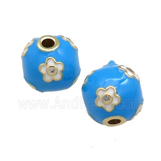 Copper Round Beads Pave Zircon Blue Enamel 18K Gold Plated