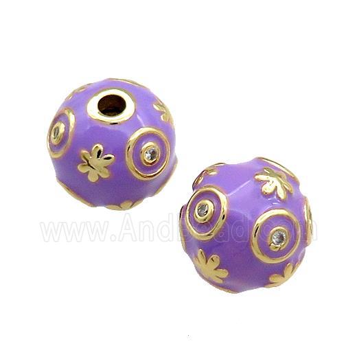 Copper Round Beads Pave Zircon Purple Enamel 18K Gold Plated