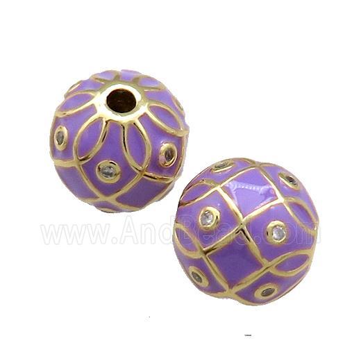 Copper Round Beads Pave Zircon Purple Enamel 18K Gold Plated