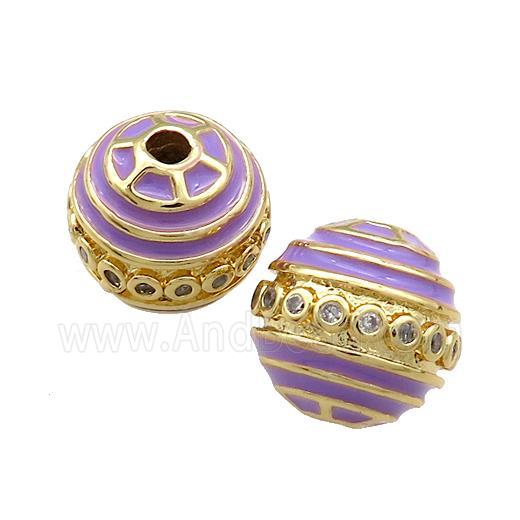 Copper Round Beads Pave Zircon Purple Enamel 18K Gold Plated