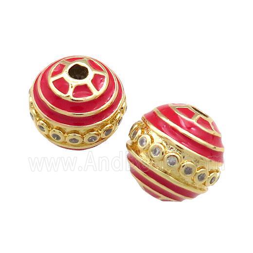 Copper Round Beads Pave Zircon Red Enamel 18K Gold Plated