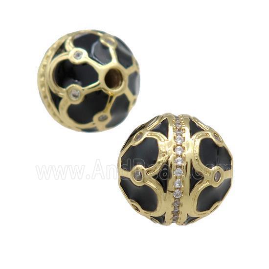 Copper Round Beads Pave Zircon Black Enamel 18K Gold Plated