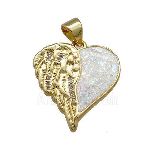 Copper Heart Pendant Pave Fire Opal Zircon Angel Wings 18K Gold