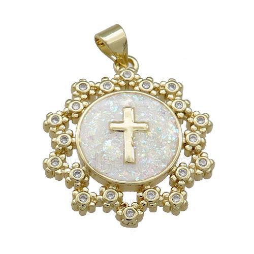 Copper Circle Pendant Pave Fire Opal Zircon Cross 18K Gold