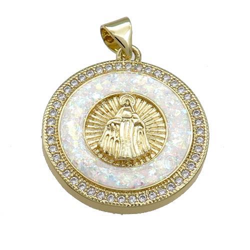 Copper Circle Pendant Pave Fire Opal Zircon Virgin Mary 18K Gold