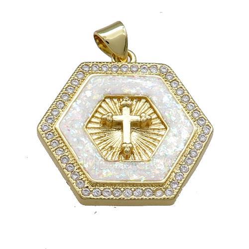 Copper Hexagon Pendant Pave Fire Opal Zircon Cross 18K Gold Plated