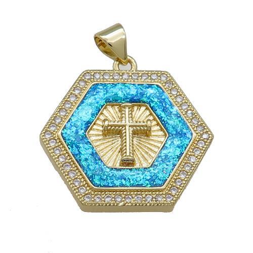 Copper Hexagon Pendant Pave Fire Opal Zircon Cross 18K Gold Plated