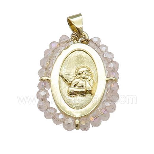 Copper Angel Pendant With Crystal Glass Wire Wrapped Oval Gold Plated