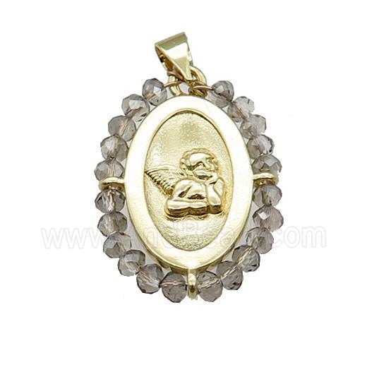 Copper Angel Pendant With Smoky Crystal Glass Wire Wrapped Oval Gold Plated