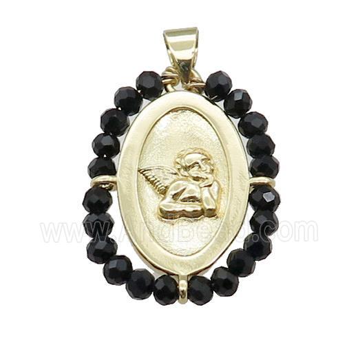 Copper Angel Pendant With Black Crystal Glass Wire Wrapped Oval Gold Plated