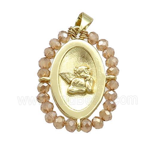Copper Angel Pendant With Champagne Crystal Glass Wire Wrapped Oval Gold Plated