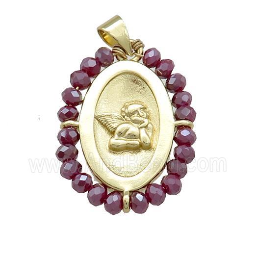 Copper Angel Pendant With Crystal Glass Wire Wrapped Oval Gold Plated