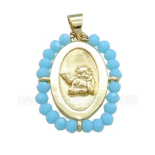 Copper Angel Pendant With Blue Crystal Glass Wire Wrapped Oval Gold Plated
