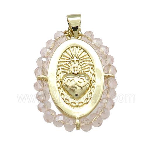 Sacred Heart Charms Copper Oval Pendant With Crystal Glass Wire Wrapped Gold Plated