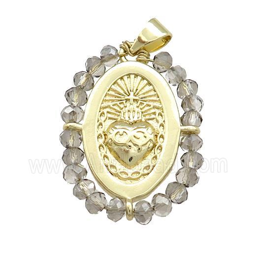 Sacred Heart Charms Copper Oval Pendant With Smoky Crystal Glass Wire Wrapped Gold Plated