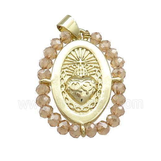 Sacred Heart Charms Copper Oval Pendant With Crystal Glass Wire Wrapped Gold Plated