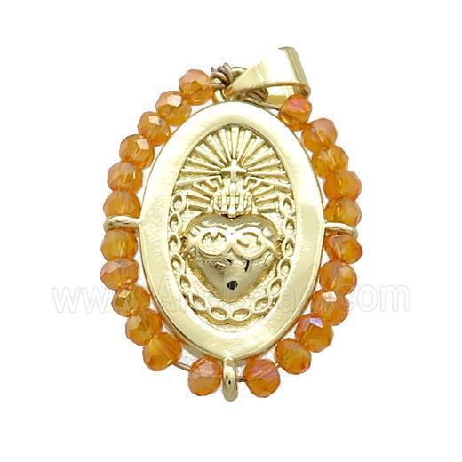 Sacred Heart Charms Copper Oval Pendant With Crystal Glass Wire Wrapped Gold Plated
